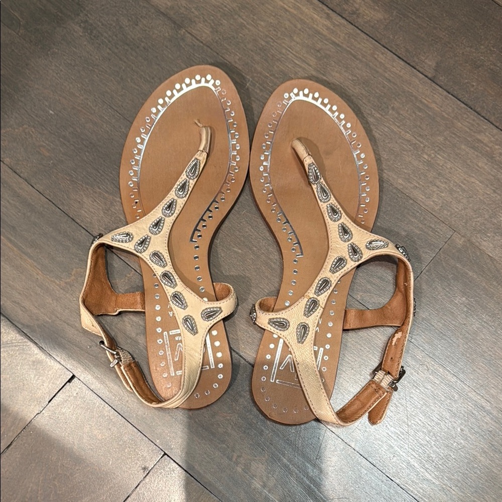 Tan Flat Sandals with Intricate Straps